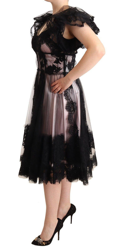 Dolce & Gabbana Black Pink Floral Lace A-line Midi Sheer Dress - Ellie Belle