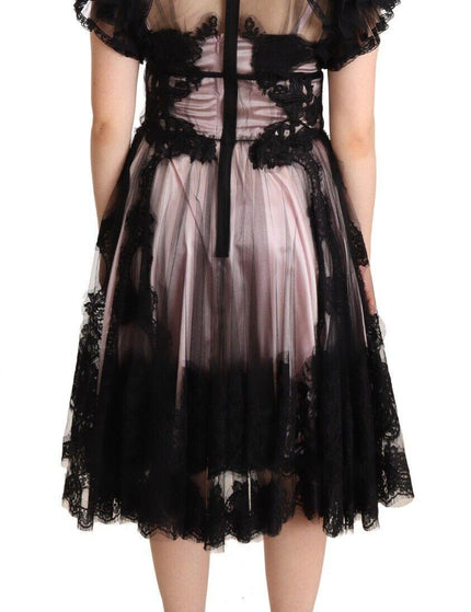 Dolce & Gabbana Black Pink Floral Lace A-line Midi Sheer Dress - Ellie Belle