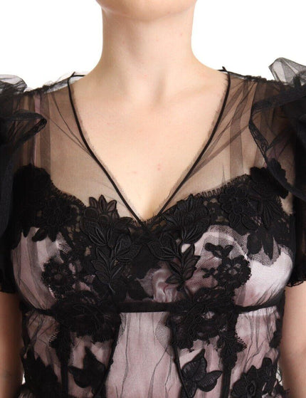 Dolce & Gabbana Black Pink Floral Lace A-line Midi Sheer Dress - Ellie Belle