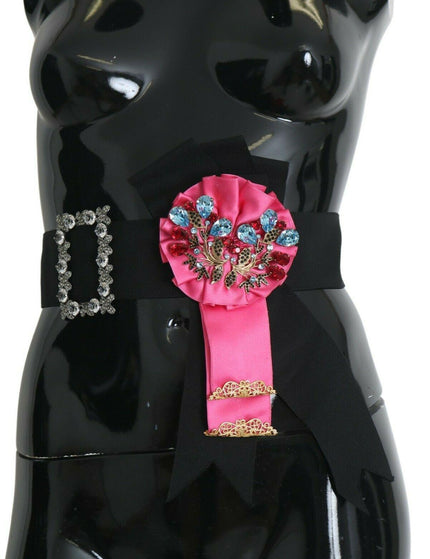 Dolce & Gabbana Black Pink Flower Brooch Crystals Cotton Belt - Ellie Belle