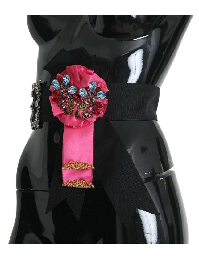 Dolce & Gabbana Black Pink Flower Brooch Crystals Cotton Belt - Ellie Belle