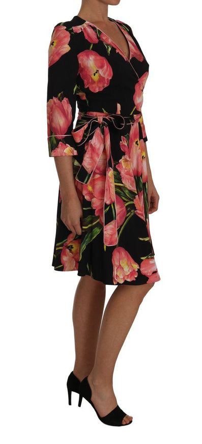 Dolce & Gabbana Black Pink Tulip Print Stretch Shift Dress