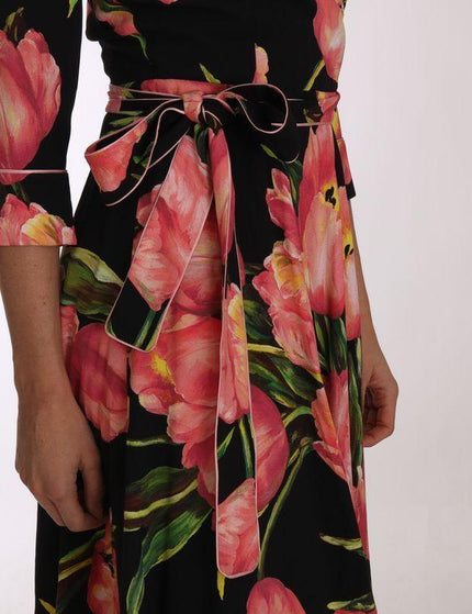 Dolce & Gabbana Black Pink Tulip Print Stretch Shift Dress