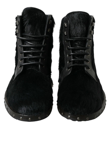 Dolce & Gabbana Black Pony Style Leather Mid Calf Boots Shoes - Ellie Belle