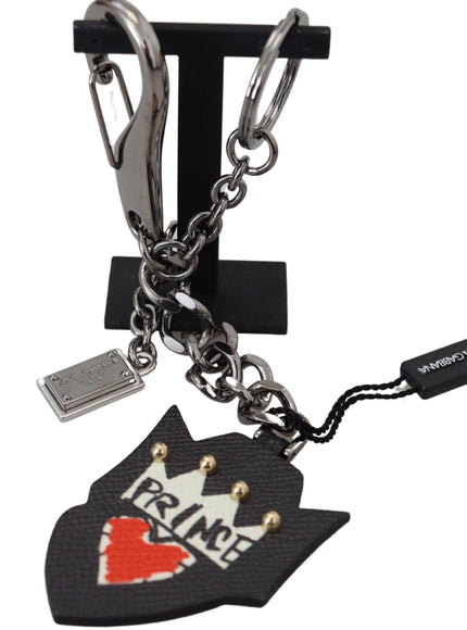 Dolce & Gabbana Black Prince Studs Logo Silver Brass Keychain