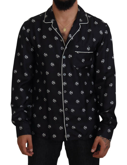 Dolce & Gabbana Black Printed Collared Men Long Sleeve Pajama Top - Ellie Belle