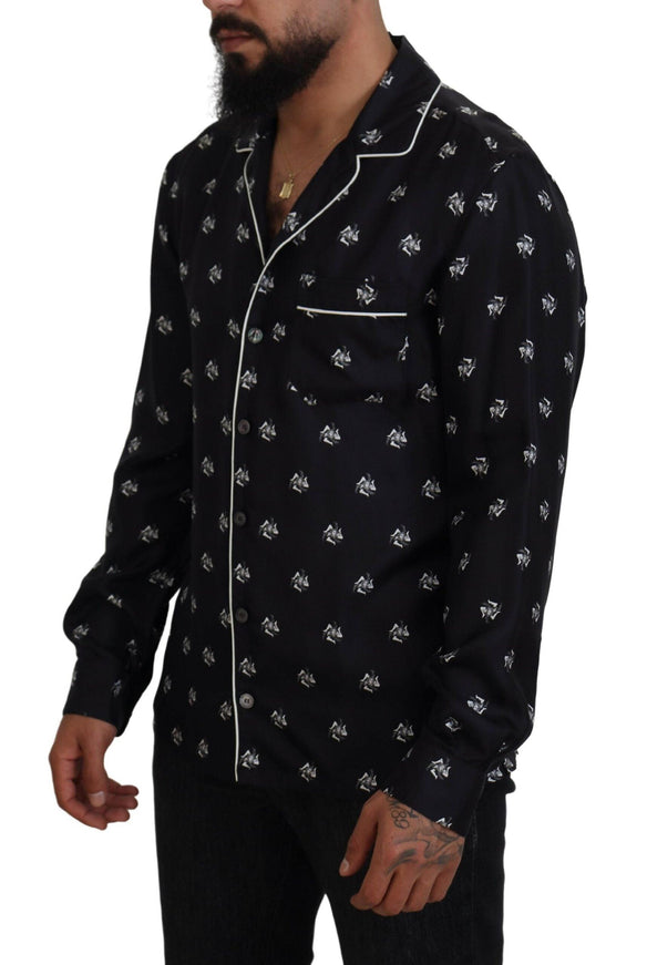 Dolce & Gabbana Black Printed Collared Men Long Sleeve Pajama Top - Ellie Belle