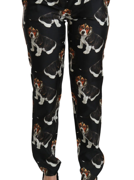 Dolce & Gabbana Black Puppy Dog Mid Waist Skinny Silk Pants - Ellie Belle