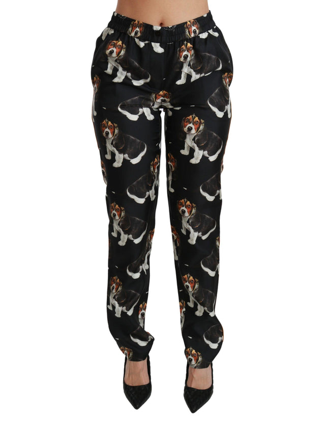 Dolce & Gabbana Black Puppy Dog Mid Waist Skinny Silk Pants - Ellie Belle