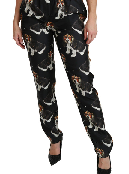 Dolce & Gabbana Black Puppy Dog Mid Waist Skinny Silk Pants - Ellie Belle