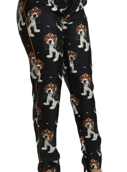 Dolce & Gabbana Black Puppy Dog Mid Waist Skinny Silk Pants - Ellie Belle