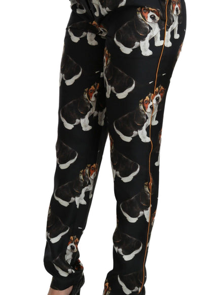 Dolce & Gabbana Black Puppy Dog Mid Waist Skinny Silk Pants - Ellie Belle