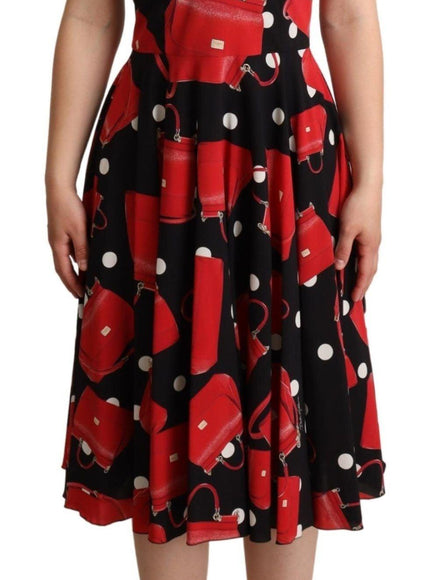 Dolce & Gabbana Black Red Bag Print A-line Mid Length Dress