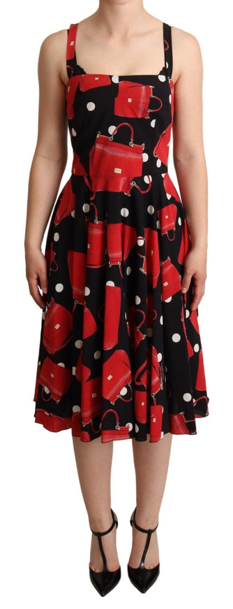 Dolce & Gabbana Black Red Bag Print A-line Mid Length Dress - Ellie Belle