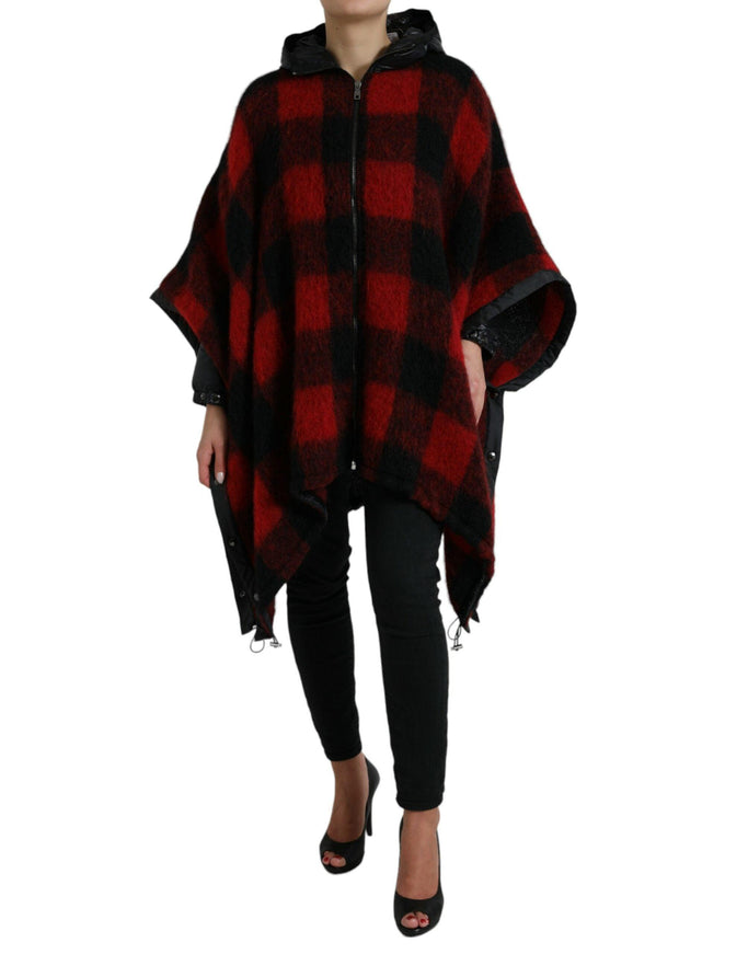 Dolce & Gabbana Black Red Buffalo Check Hooded Poncho Jacket - Ellie Belle