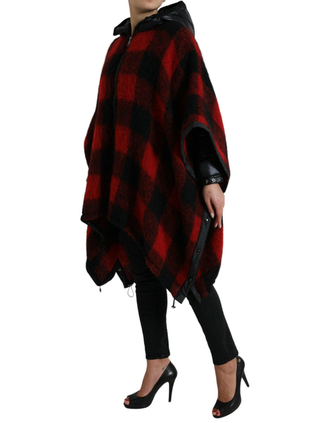 Dolce & Gabbana Black Red Buffalo Check Hooded Poncho Jacket - Ellie Belle