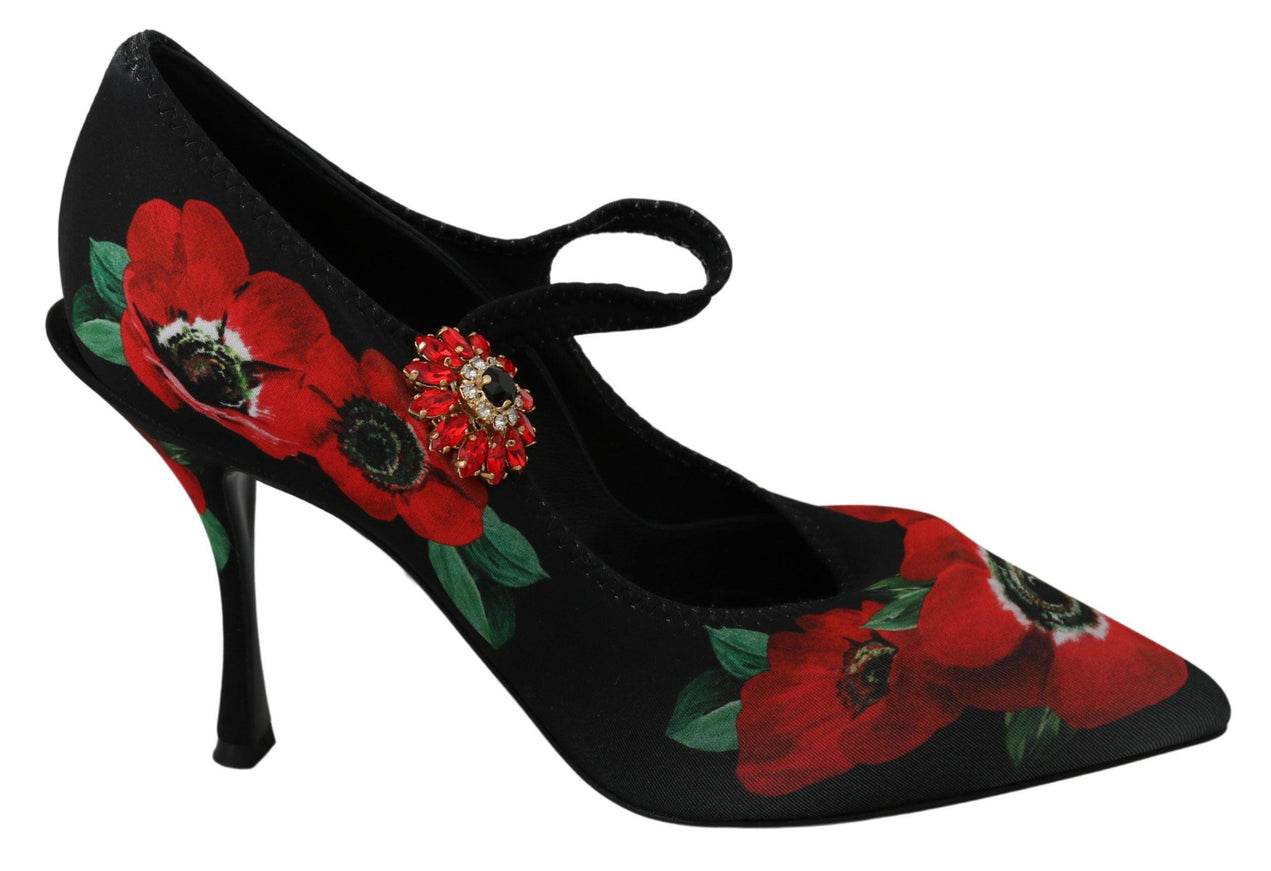 Dolce & Gabbana Black Red Floral Mary Janes Pumps Shoes - Ellie Belle