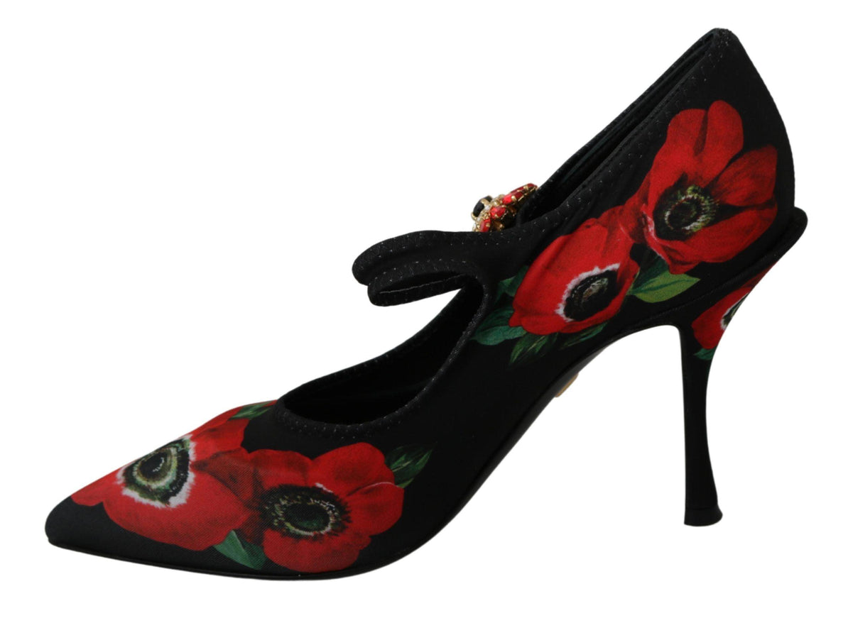 Dolce & Gabbana Black Red Floral Mary Janes Pumps Shoes - Ellie Belle