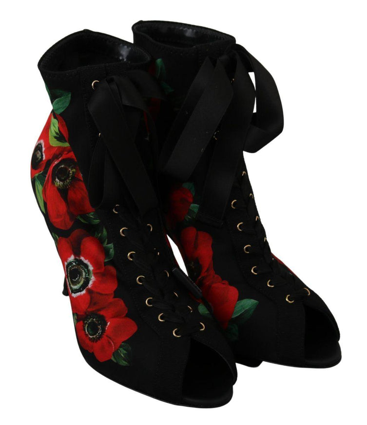 Dolce & Gabbana Black Red Roses Ankle Booties Shoes - Ellie Belle