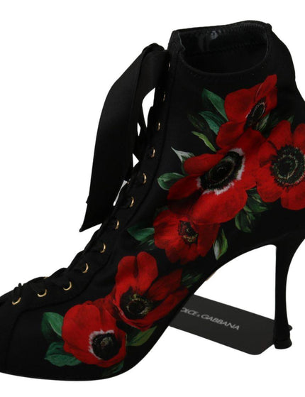 Dolce & Gabbana Black Red Roses Ankle Booties Shoes - Ellie Belle
