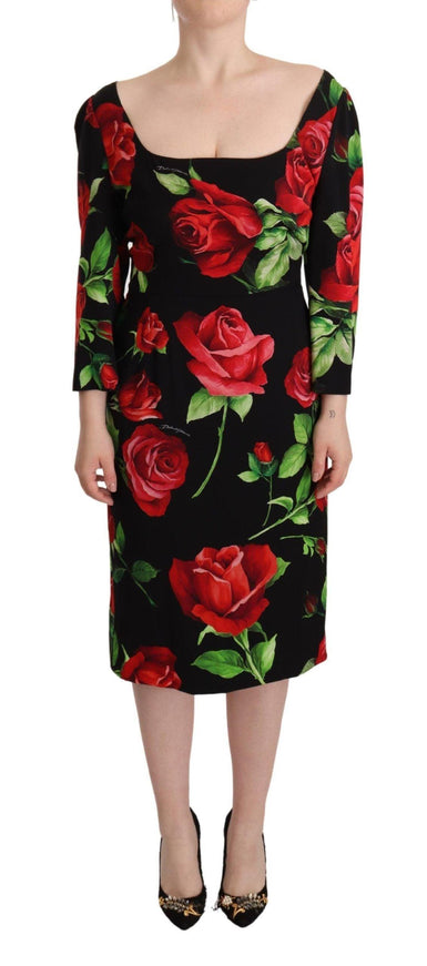 Dolce & Gabbana Black Red Roses Sheath Stretch Silk Dress - Ellie Belle