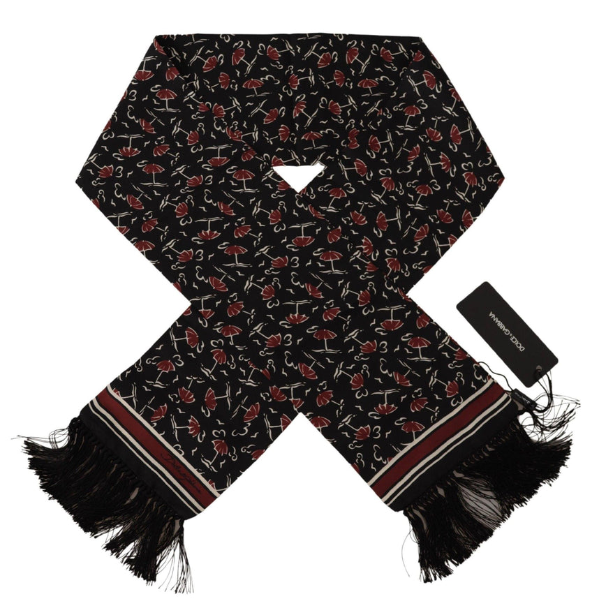 Dolce & Gabbana Black Red Umbrellas Patterned Shawl Fringe Scarf - Ellie Belle