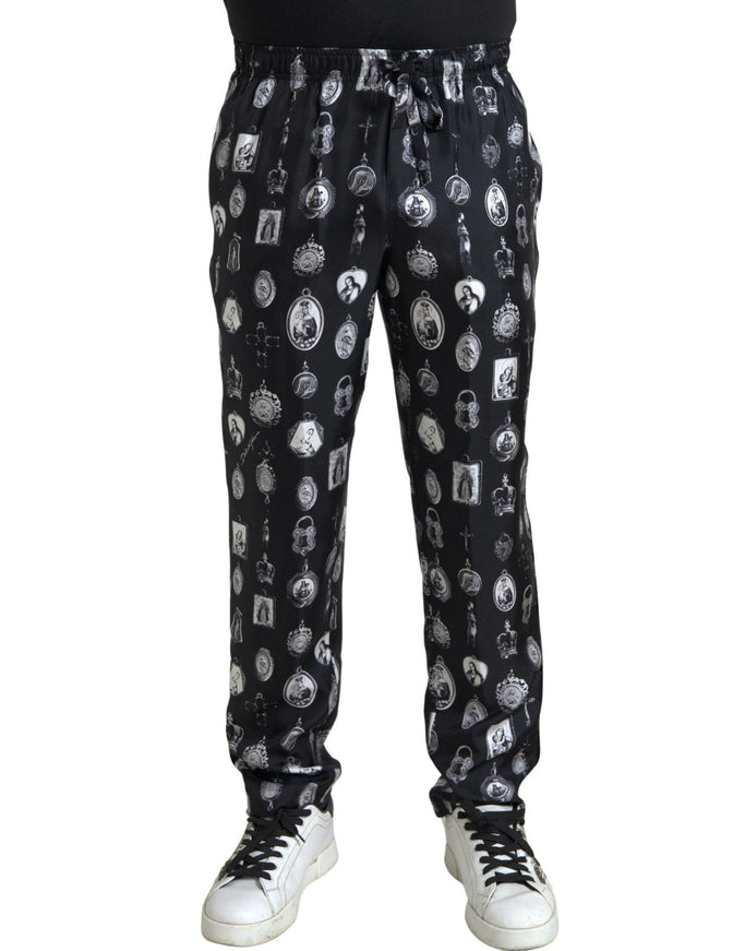 Dolce & Gabbana Black Religious Print Joggers Silk Men Pants - Ellie Belle