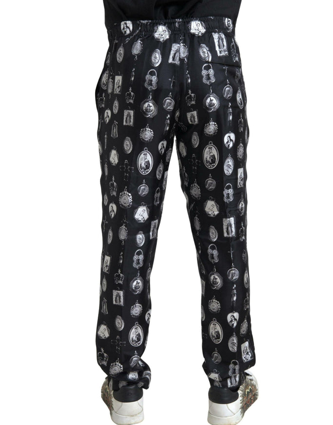 Dolce & Gabbana Black Religious Print Joggers Silk Men Pants - Ellie Belle