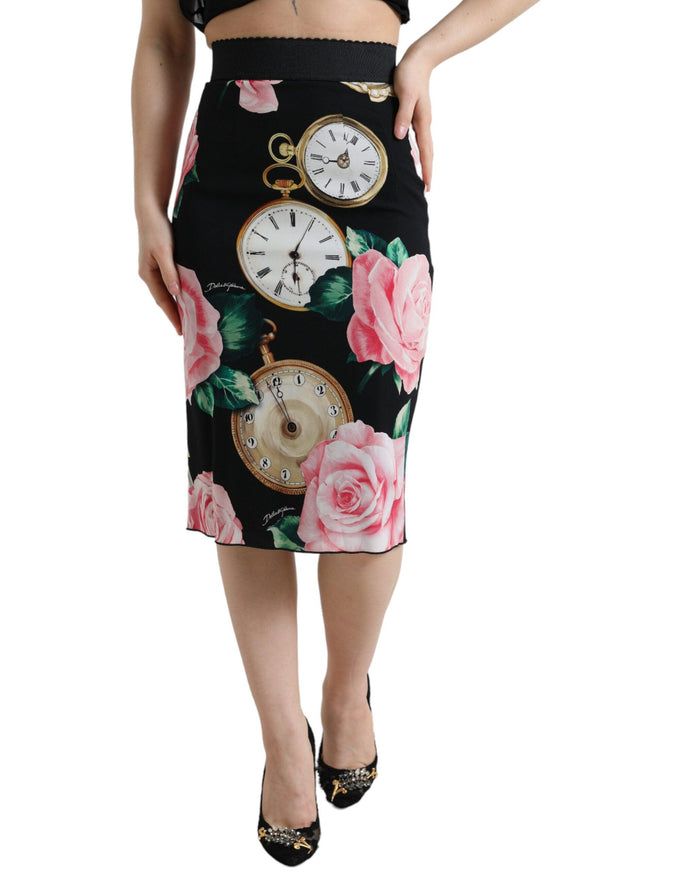 Dolce & Gabbana Black Rose Clock High Waist Pencil Cut Skirt - Ellie Belle