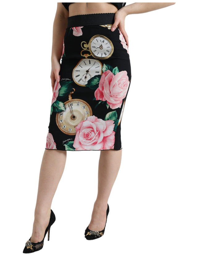Dolce & Gabbana Black Rose Clock High Waist Pencil Cut Skirt - Ellie Belle