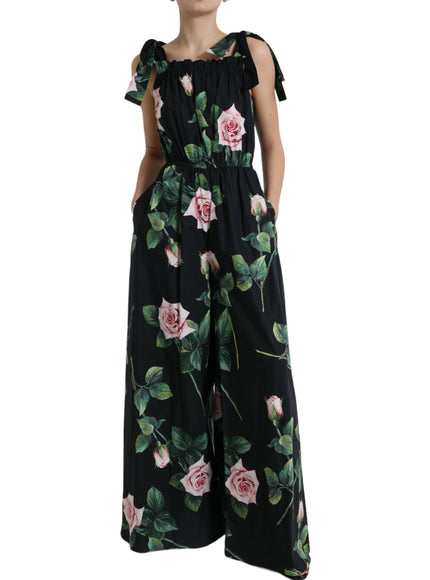Dolce & Gabbana Black Rose Cotton Poplin Wide Leg Jumpsuit Dress - Ellie Belle