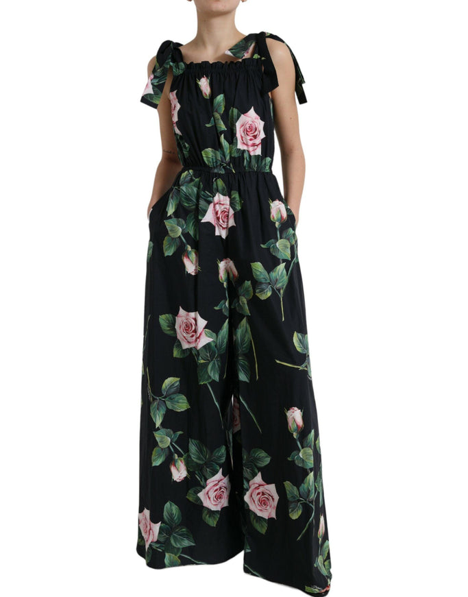 Dolce & Gabbana Black Rose Cotton Poplin Wide Leg Jumpsuit Dress - Ellie Belle