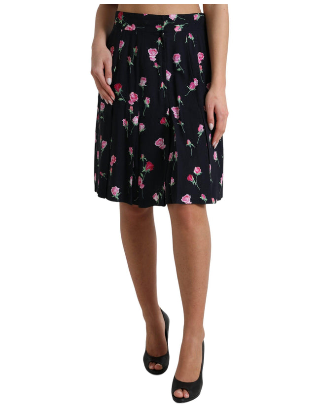 Dolce & Gabbana Black Rose High Waist A-line Knee Length Skirt - Ellie Belle