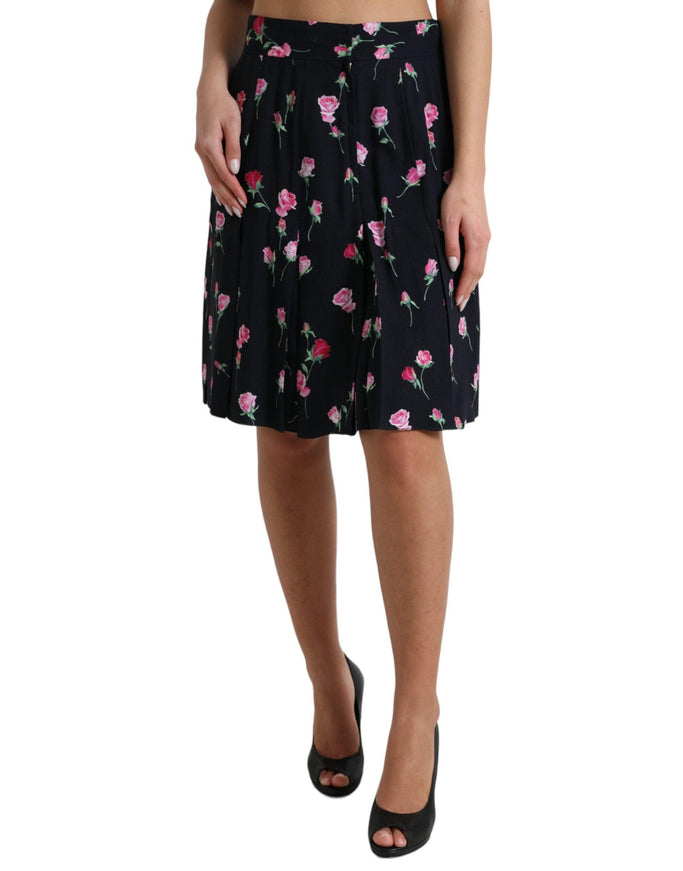 Dolce & Gabbana Black Rose High Waist A-line Knee Length Skirt - Ellie Belle