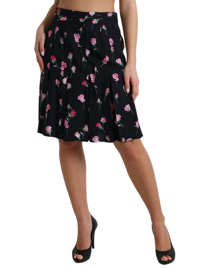 Dolce & Gabbana Black Rose High Waist A-line Knee Length Skirt - Ellie Belle