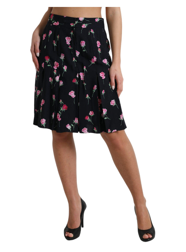 Dolce & Gabbana Black Rose High Waist A-line Knee Length Skirt - Ellie Belle