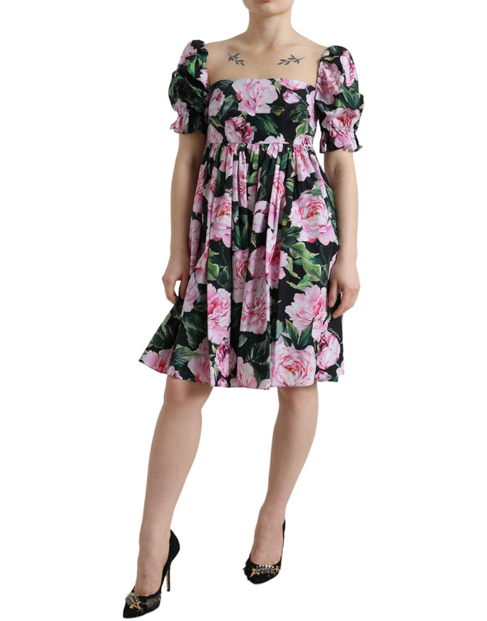 Dolce & Gabbana Black Rose Print Cotton Pleated A-line Dress - Ellie Belle