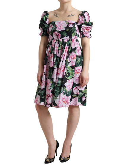 Dolce & Gabbana Black Rose Print Cotton Pleated A-line Dress - Ellie Belle