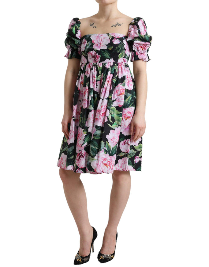 Dolce & Gabbana Black Rose Print Cotton Pleated A-line Dress - Ellie Belle