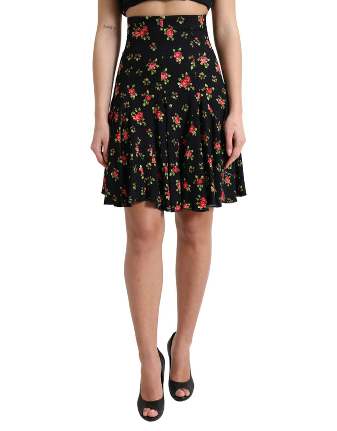 Dolce & Gabbana Black Rose Print High Waist A-line Mini Skirt - Ellie Belle