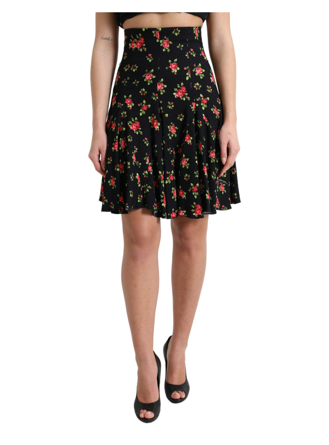 Dolce & Gabbana Black Rose Print High Waist A-line Mini Skirt - Ellie Belle