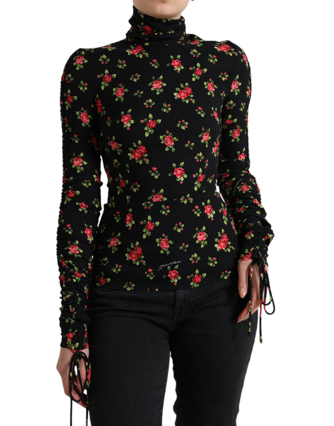 Dolce & Gabbana Black Rose Print Turtle Neck Blouse Top - Ellie Belle