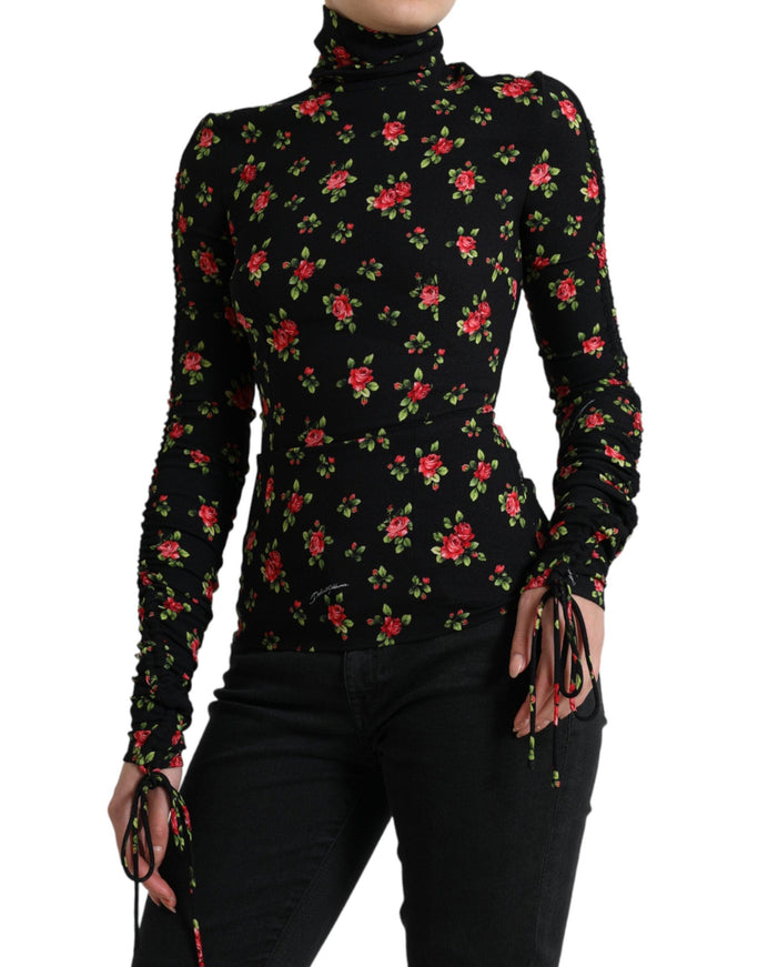 Dolce & Gabbana Black Rose Print Turtle Neck Blouse Top - Ellie Belle