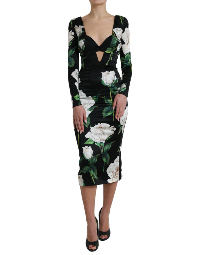 Dolce & Gabbana Black Roses Print Silk Bodycon Midi Dress - Ellie Belle