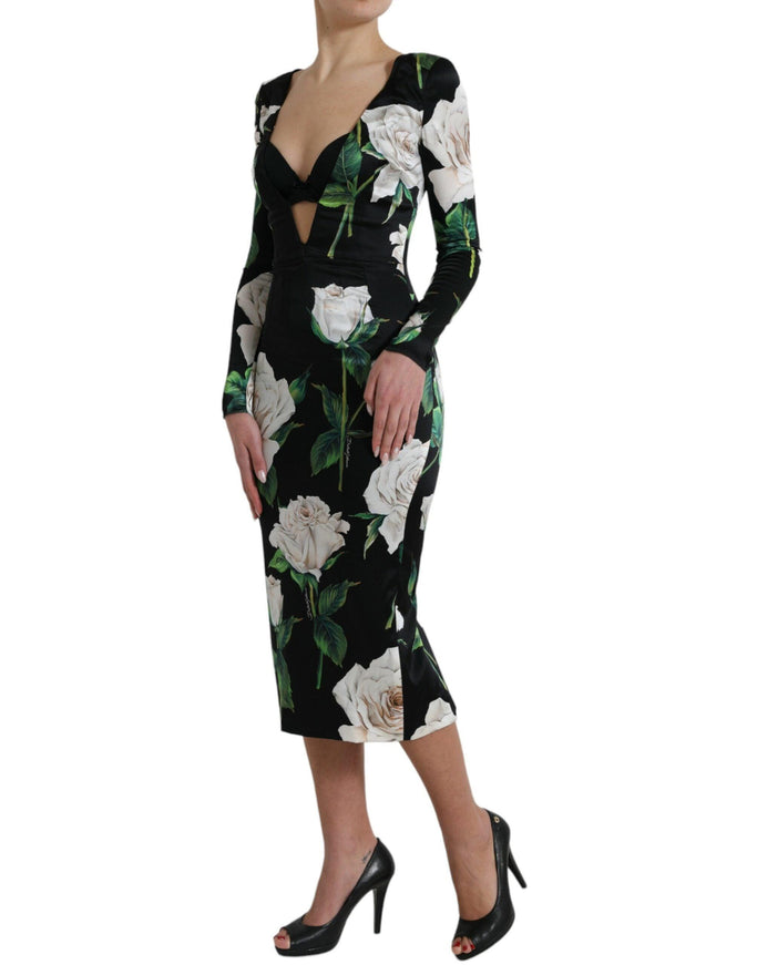 Dolce & Gabbana Black Roses Print Silk Bodycon Midi Dress - Ellie Belle