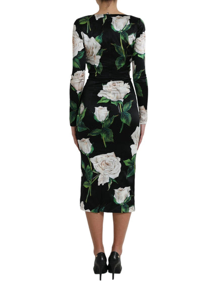 Dolce & Gabbana Black Roses Print Silk Bodycon Midi Dress - Ellie Belle