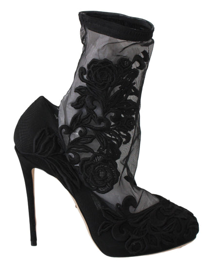 Dolce & Gabbana Black Roses Stilettos Booties Socks Shoes - Ellie Belle