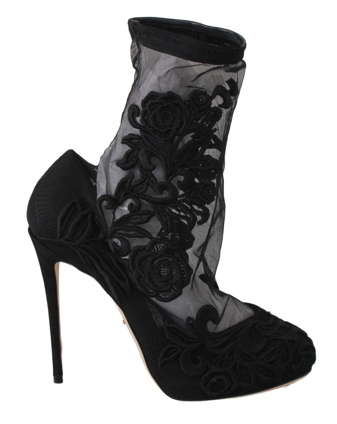 Dolce & Gabbana Black Roses Stilettos Booties Socks Shoes - Ellie Belle