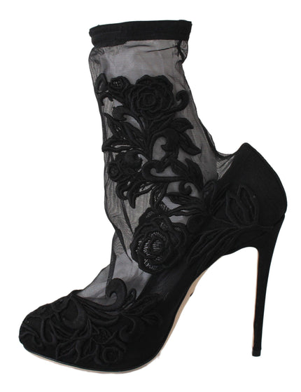 Dolce & Gabbana Black Roses Stilettos Booties Socks Shoes - Ellie Belle
