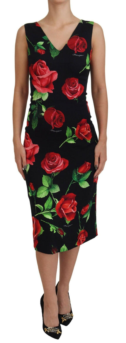 Dolce & Gabbana Black Roses Vneck Sleeveless Sheath Midi Dress - Ellie Belle